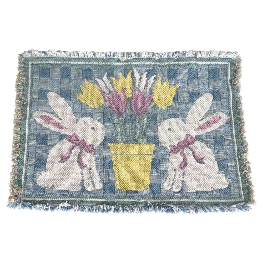 Set Of 2 Easter Woven Placemat Bunny Rabbit & Tulip Design Pink Yellow Blue